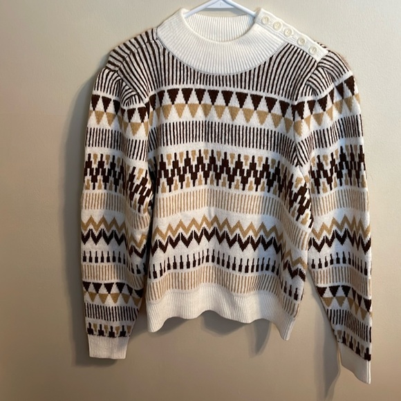 Treasure & Bond Sweaters - Treasure & Bond White and Brown Patterned Sweater with Button Trim
